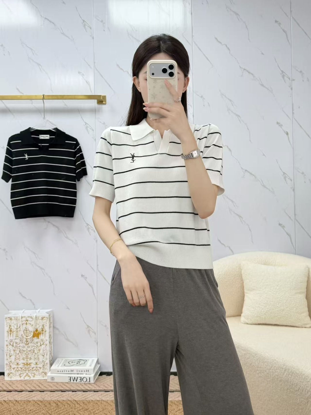 🆕Y家🆕 春夏新款 撞色条纹翻领针织短袖颜色：白色 黑色尺码：36.38.40