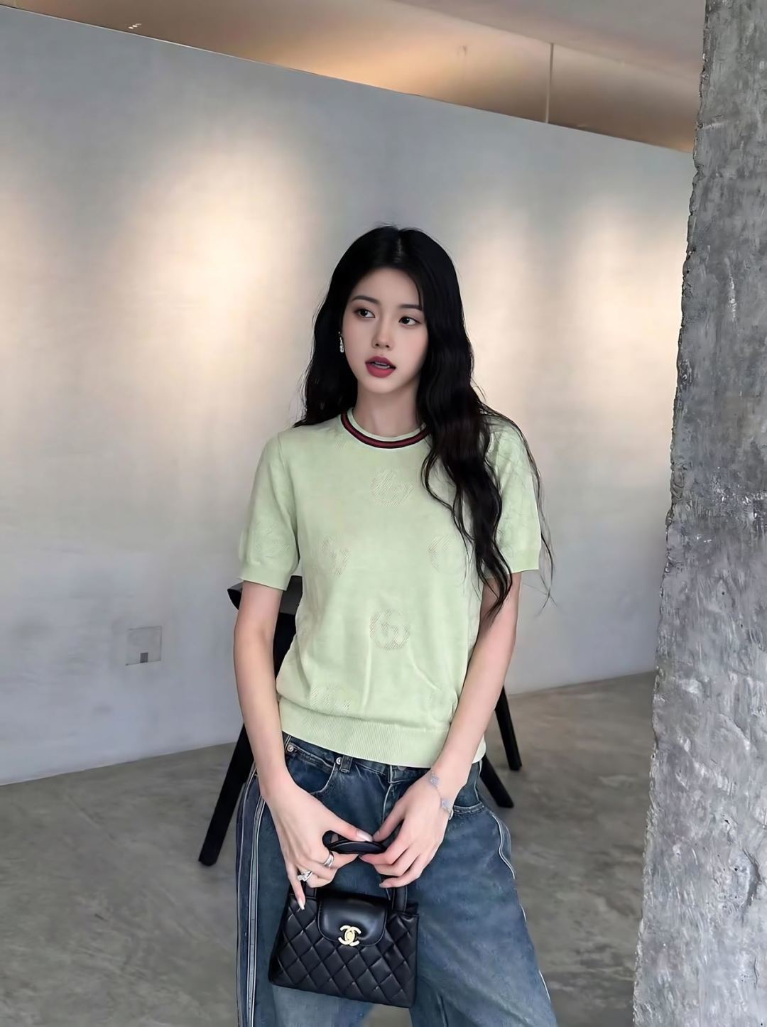 🆕G家🆕 春夏新款 撞色简约圆领针织短袖颜色：绿色 卡其尺码：36.38.40