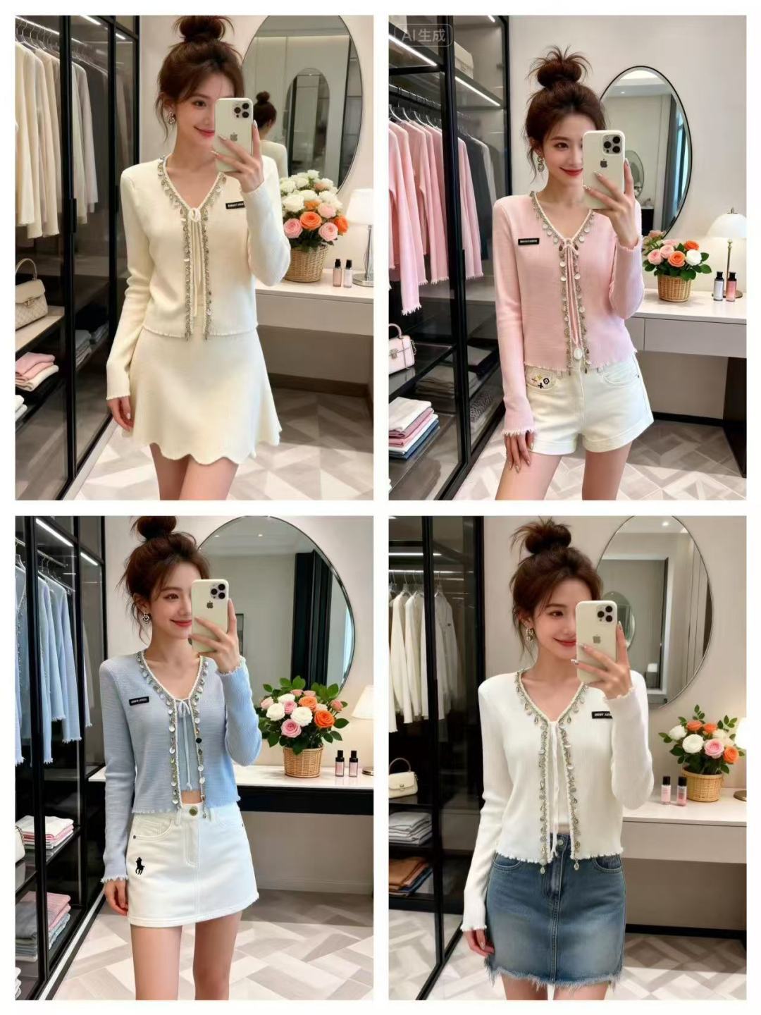 🆕M家🆕 春夏新款 纯色珠片V领针织长袖开衫颜色：白色 黄色 粉色 蓝色尺码：36.38.40