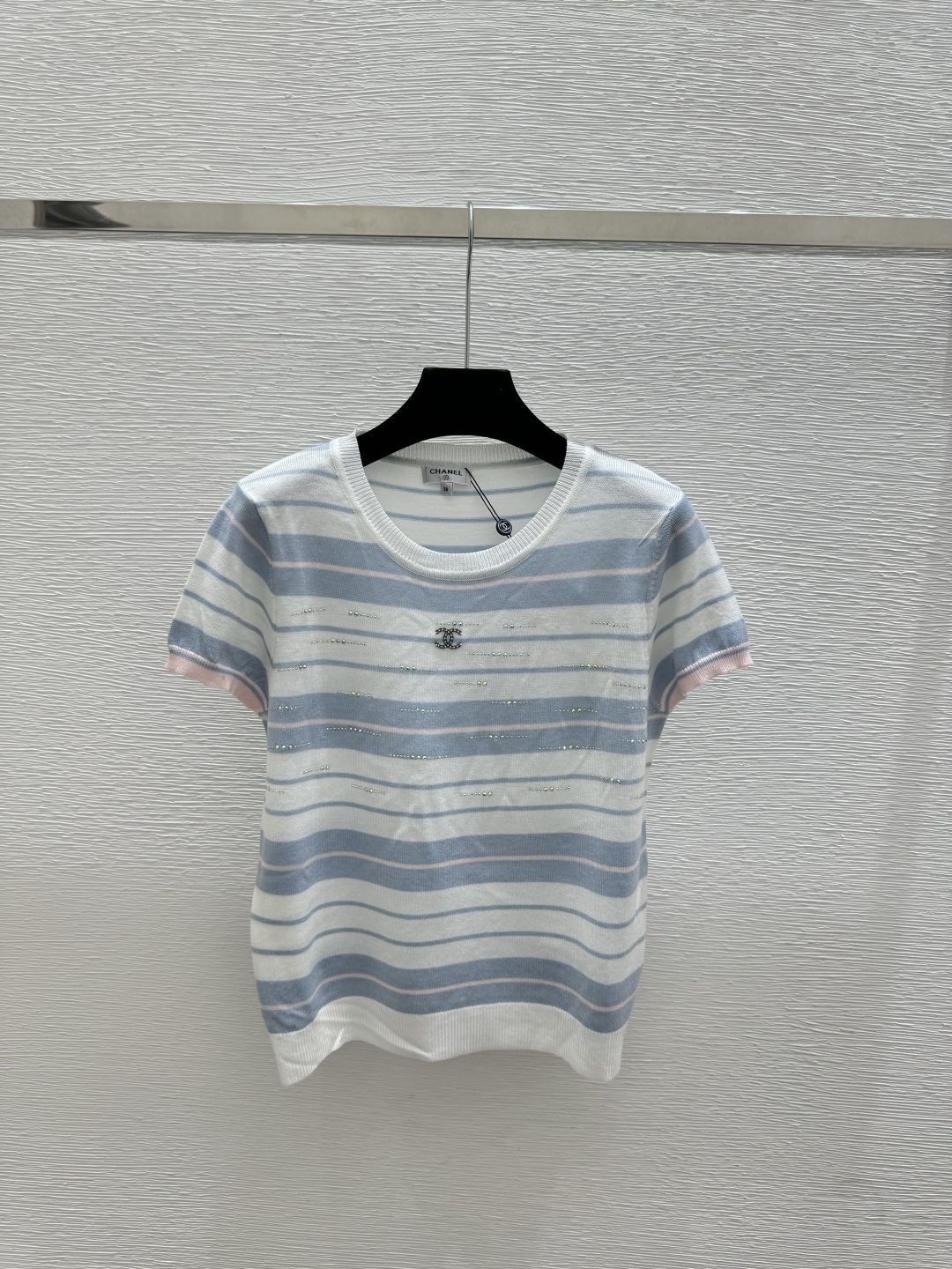 🆕CH家🆕 春夏新款 撞色条纹烫钻圆领针织短袖颜色：黄色尺码：36.38.40