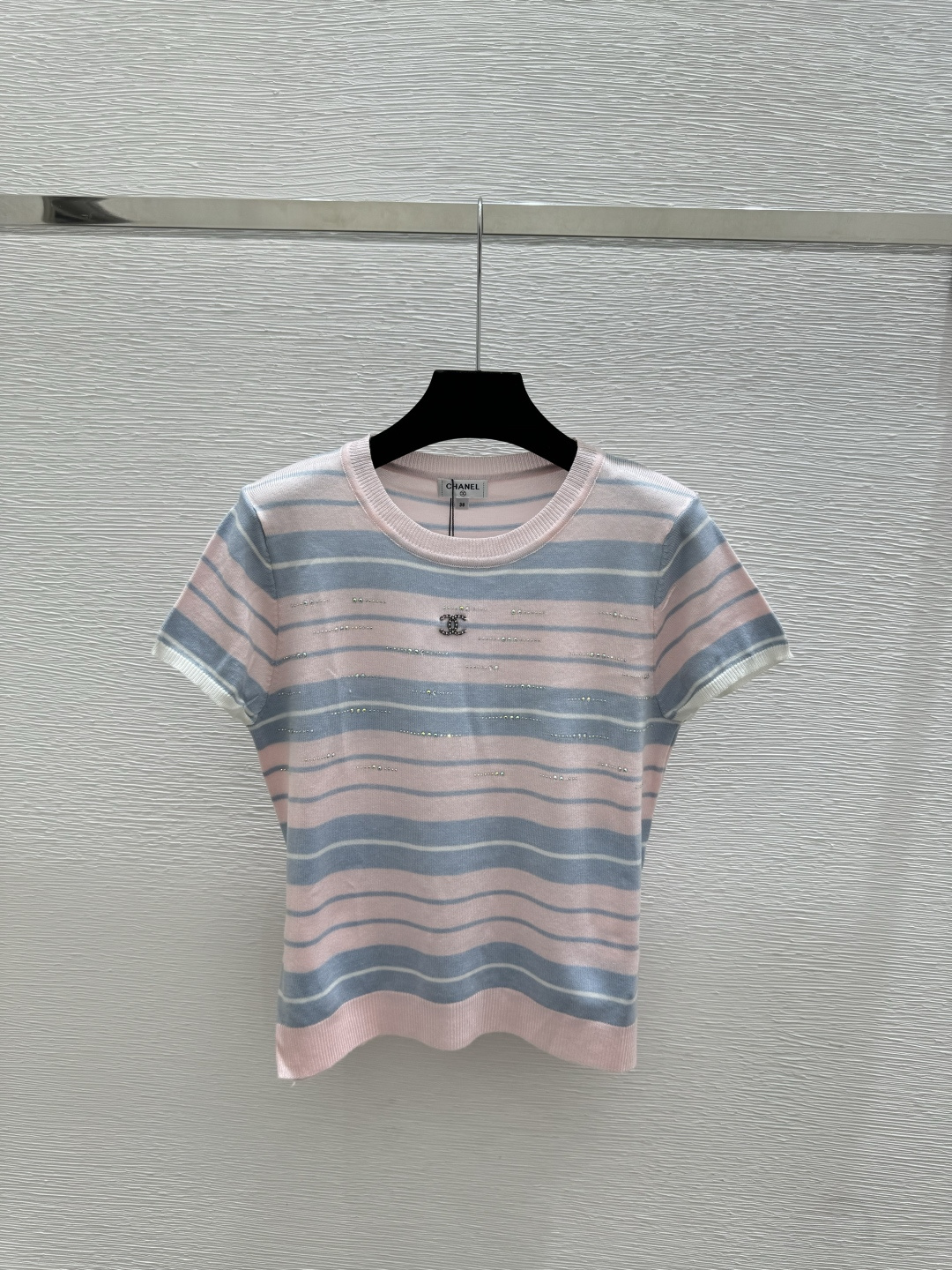 🆕CH家🆕 春夏新款 撞色条纹烫钻圆领针织短袖颜色：黄色尺码：36.38.40