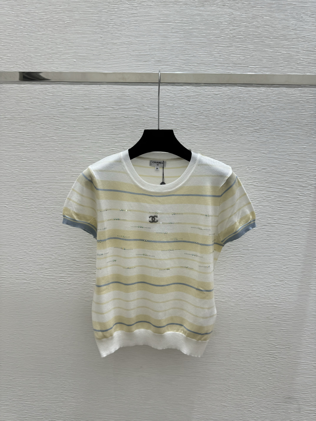 🆕CH家🆕 春夏新款 撞色条纹烫钻圆领针织短袖颜色：黄色尺码：36.38.40