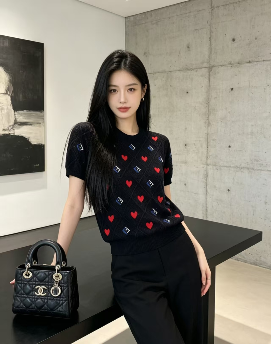 ￼ 🆕F家🆕 春夏新款 撞色字母爱心镂空圆领针织短袖颜色：白色 黑色尺码：36.38.40