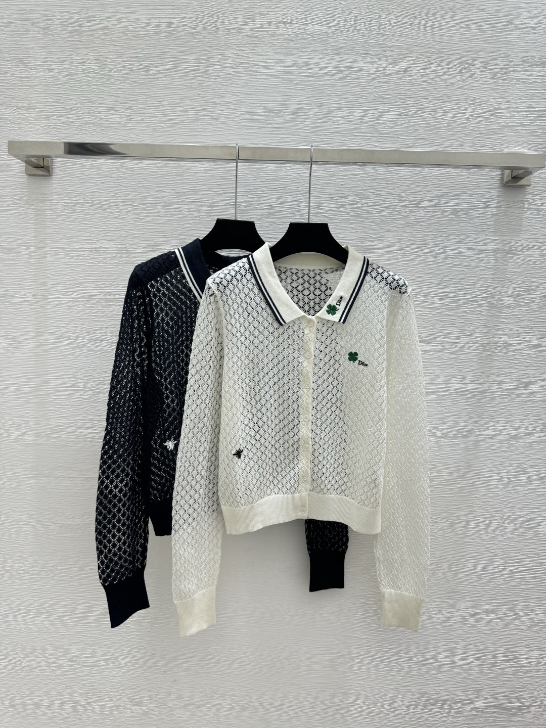 Dior D家 春夏新款 纯色镂空翻领针织长袖开衫