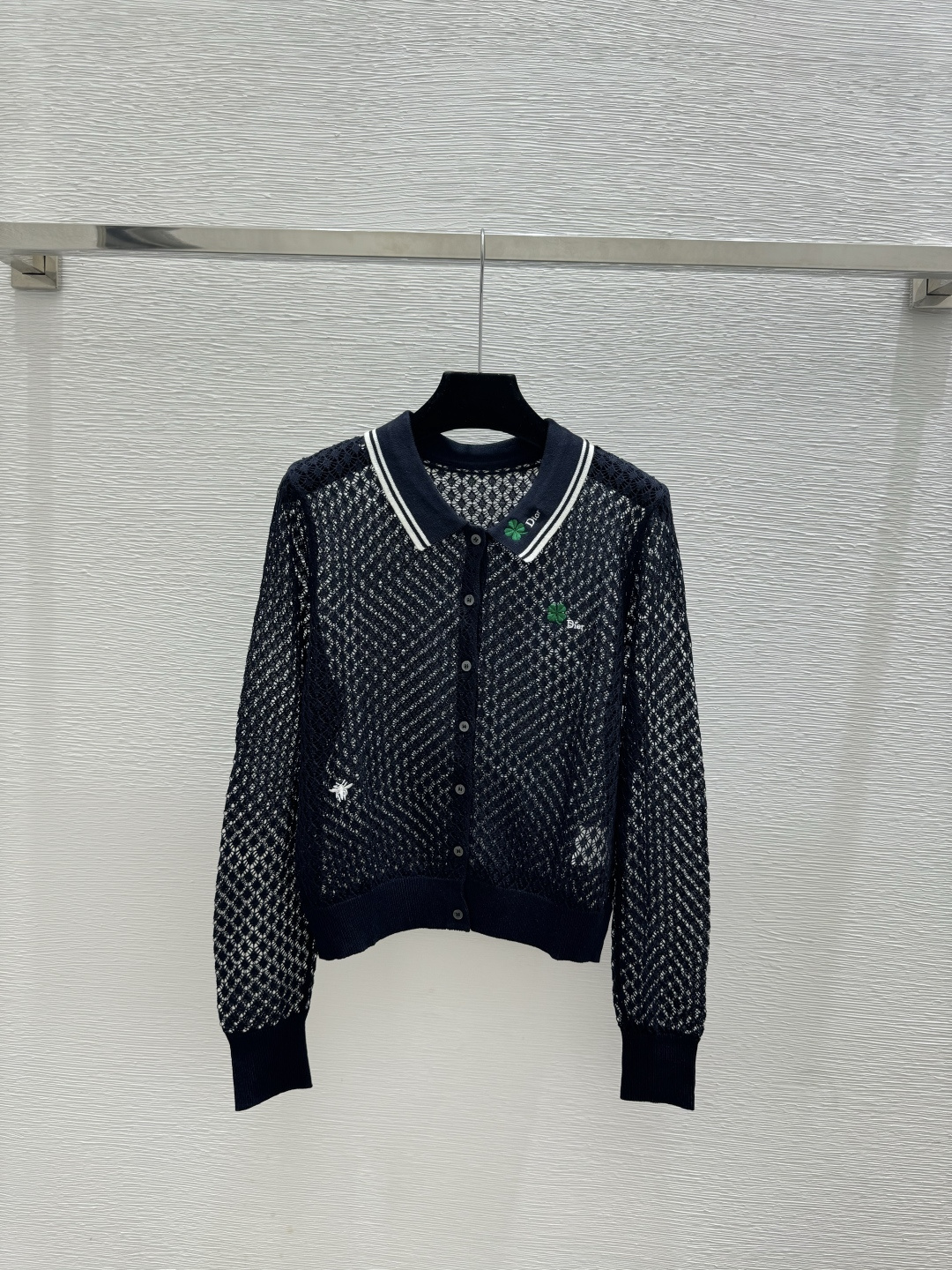 Dior D家 春夏新款 纯色镂空翻领针织长袖开衫