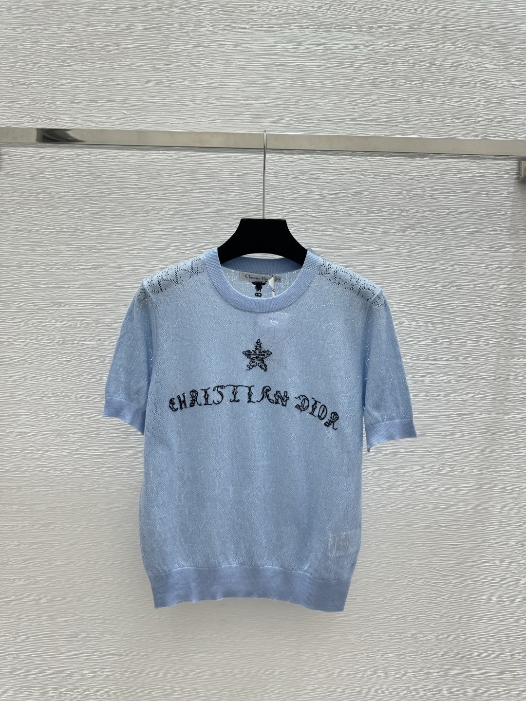 Dior D家 春夏新款 撞色五角星字母镂空圆领针织短袖