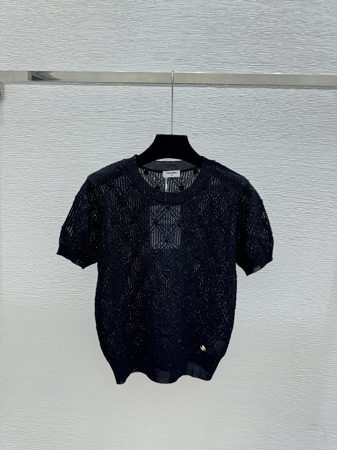 Chrome Hearts CH家 春夏新款 纯色菱格镂空珠片圆领针织短袖