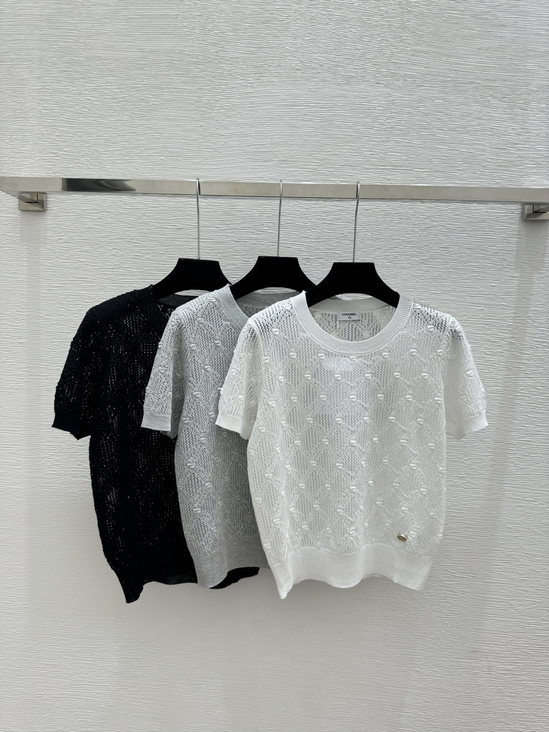 Chrome Hearts CH家 春夏新款 纯色菱格镂空珠片圆领针织短袖