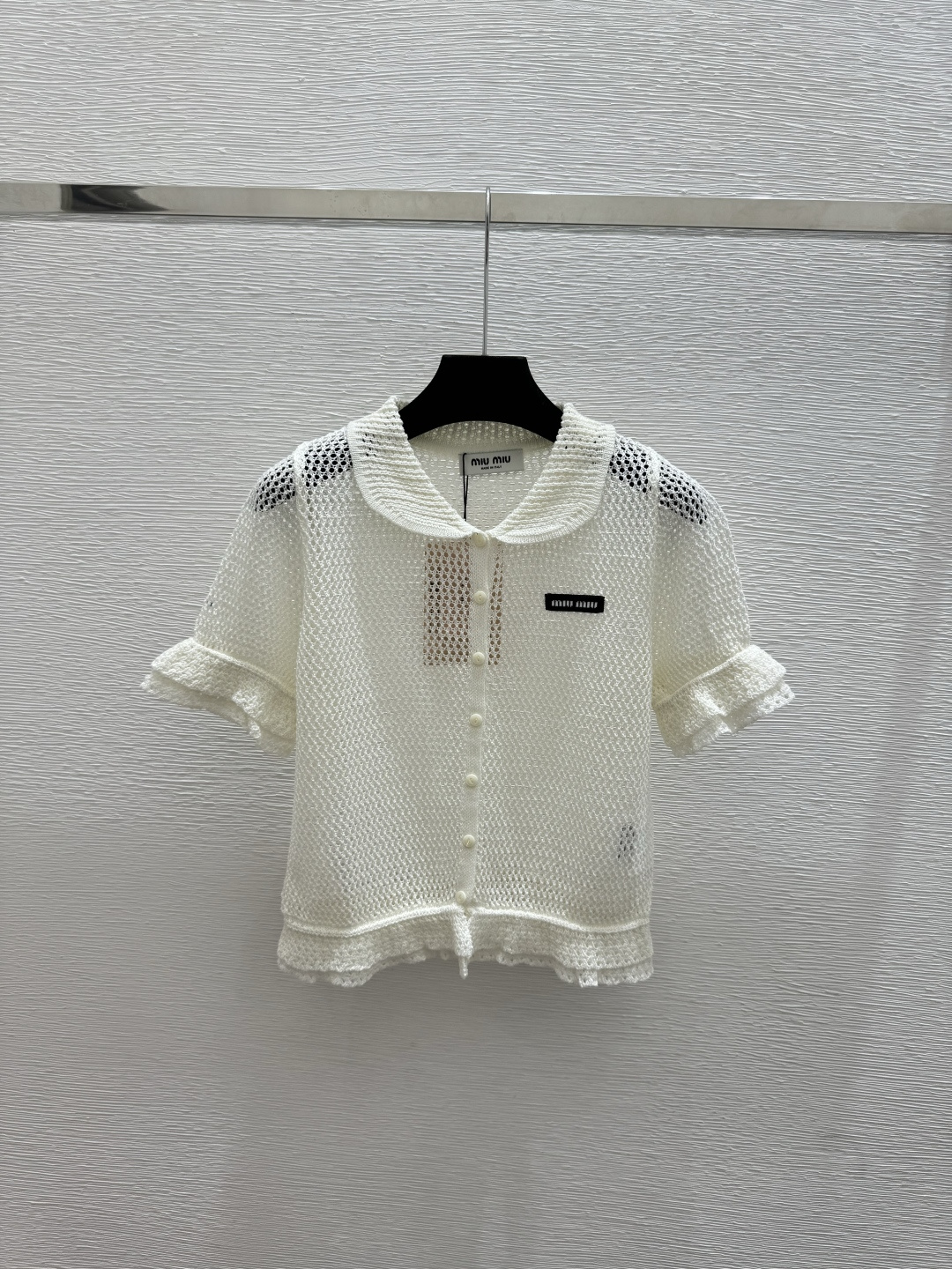 Miu Miu M家 春夏新款 纯色简约镂空翻领针织短袖开衫