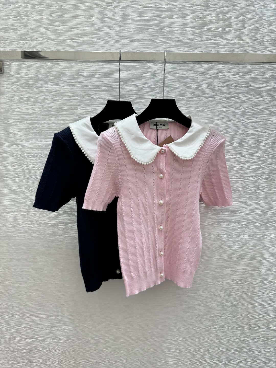 Miu Miu M家 春夏新款 撞色钉珠翻领针织短袖开衫