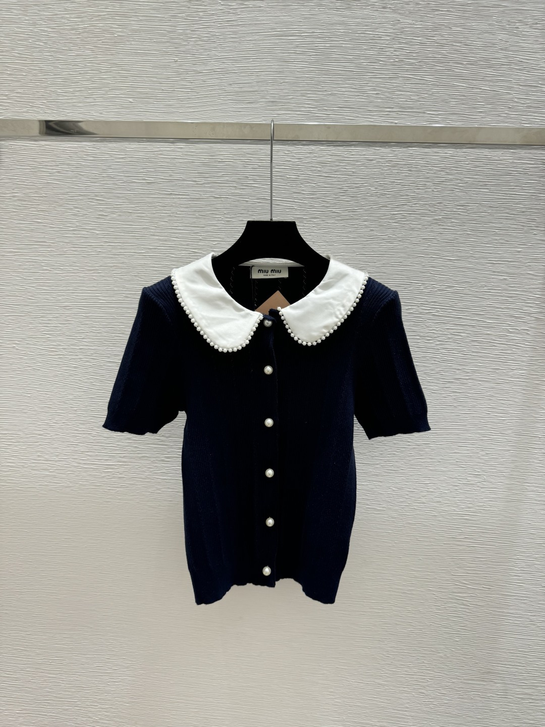 Miu Miu M家 春夏新款 撞色钉珠翻领针织短袖开衫