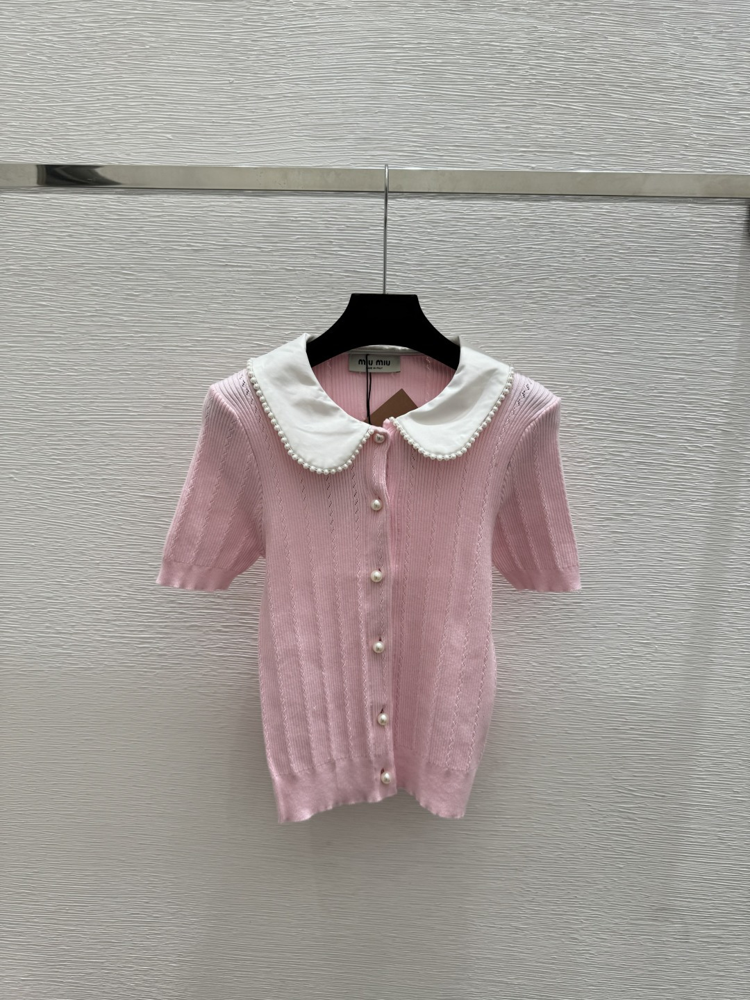 Miu Miu M家 春夏新款 撞色钉珠翻领针织短袖开衫