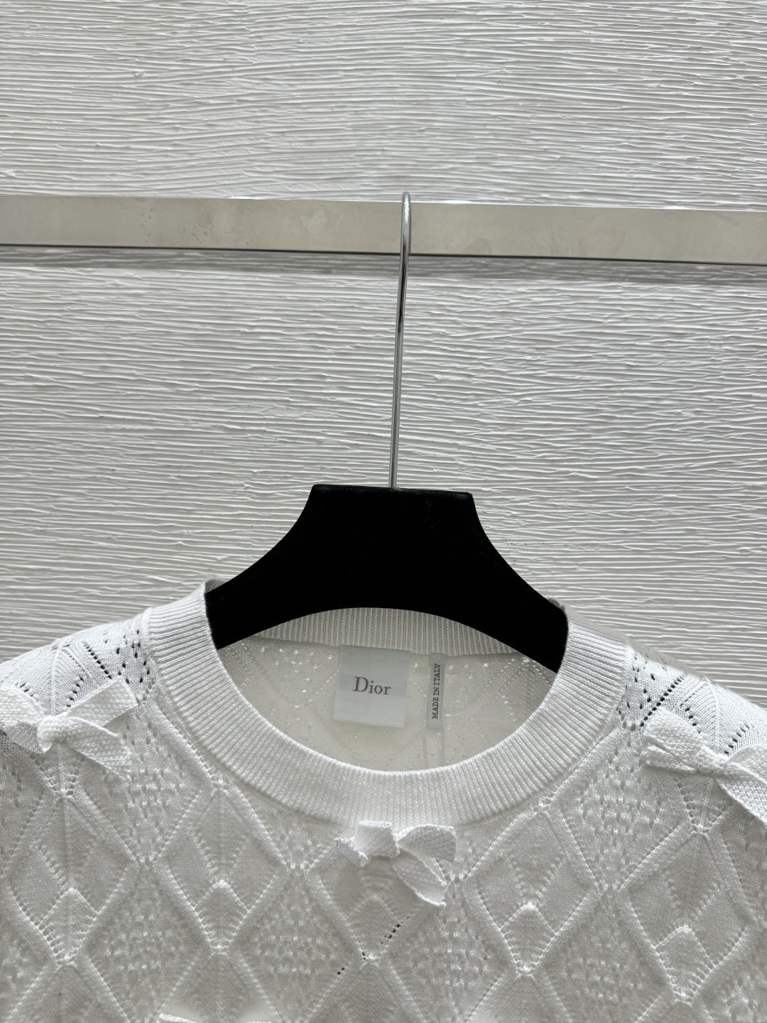 Chanel D家 春夏新款 纯色蝴蝶结菱格镂空圆领针织短袖