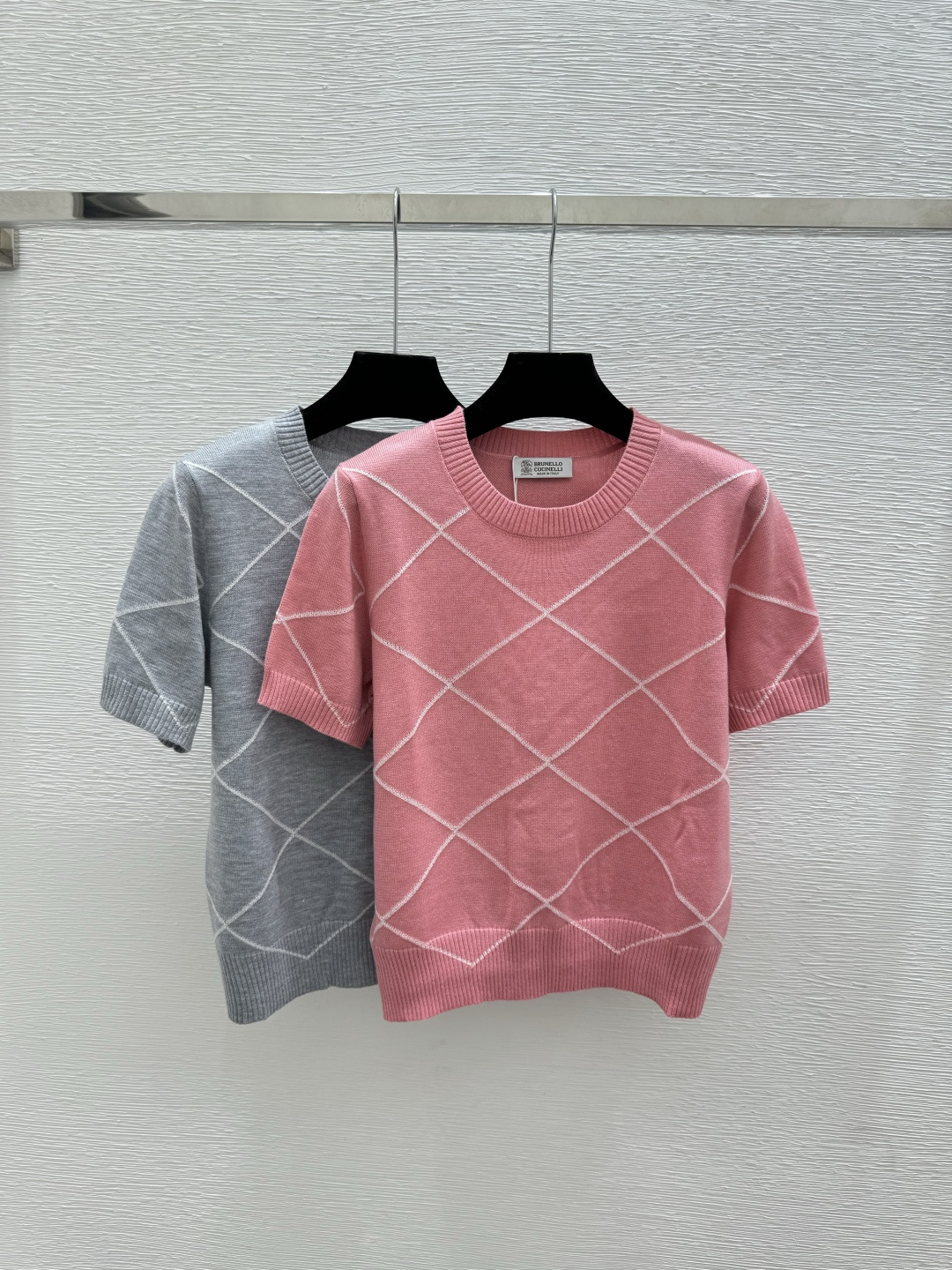 Brunello Cucinelli BC家 春夏新款 撞色菱格圆领针织短袖