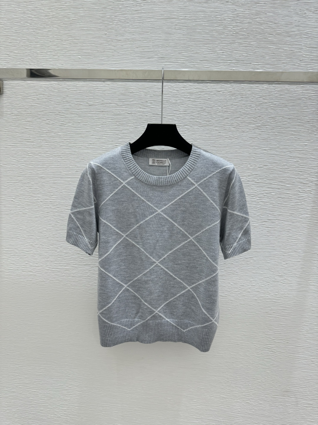 Brunello Cucinelli BC家 春夏新款 撞色菱格圆领针织短袖