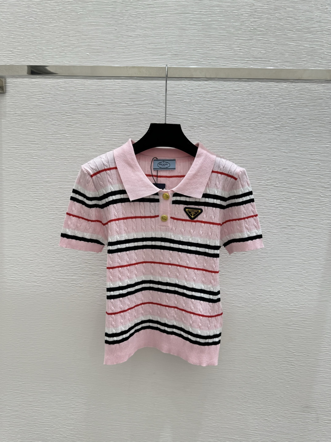 Prada P家 春夏新款 撞色条纹翻领针织短袖
