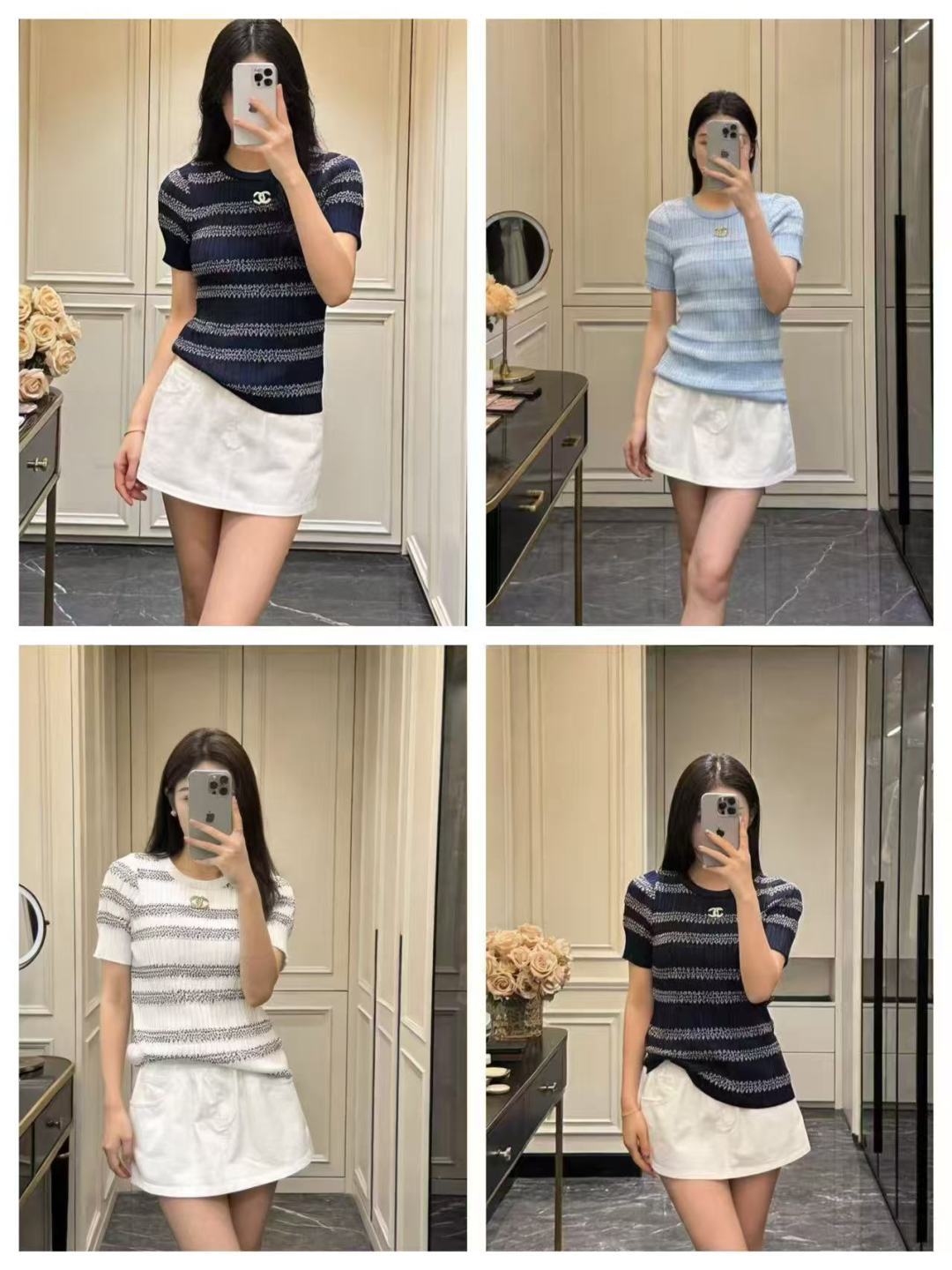 🆕CH家🆕  春夏新款 撞色条纹简约圆领针织短袖颜色：白色 蓝色 宝蓝尺码：36.38.40