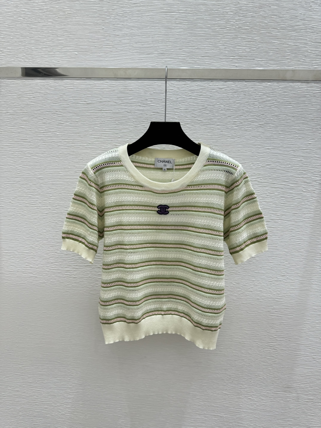 🆕CH家🆕  春夏新款 撞色条纹圆领针织短袖颜色：粉色 绿色尺码：36.38.40