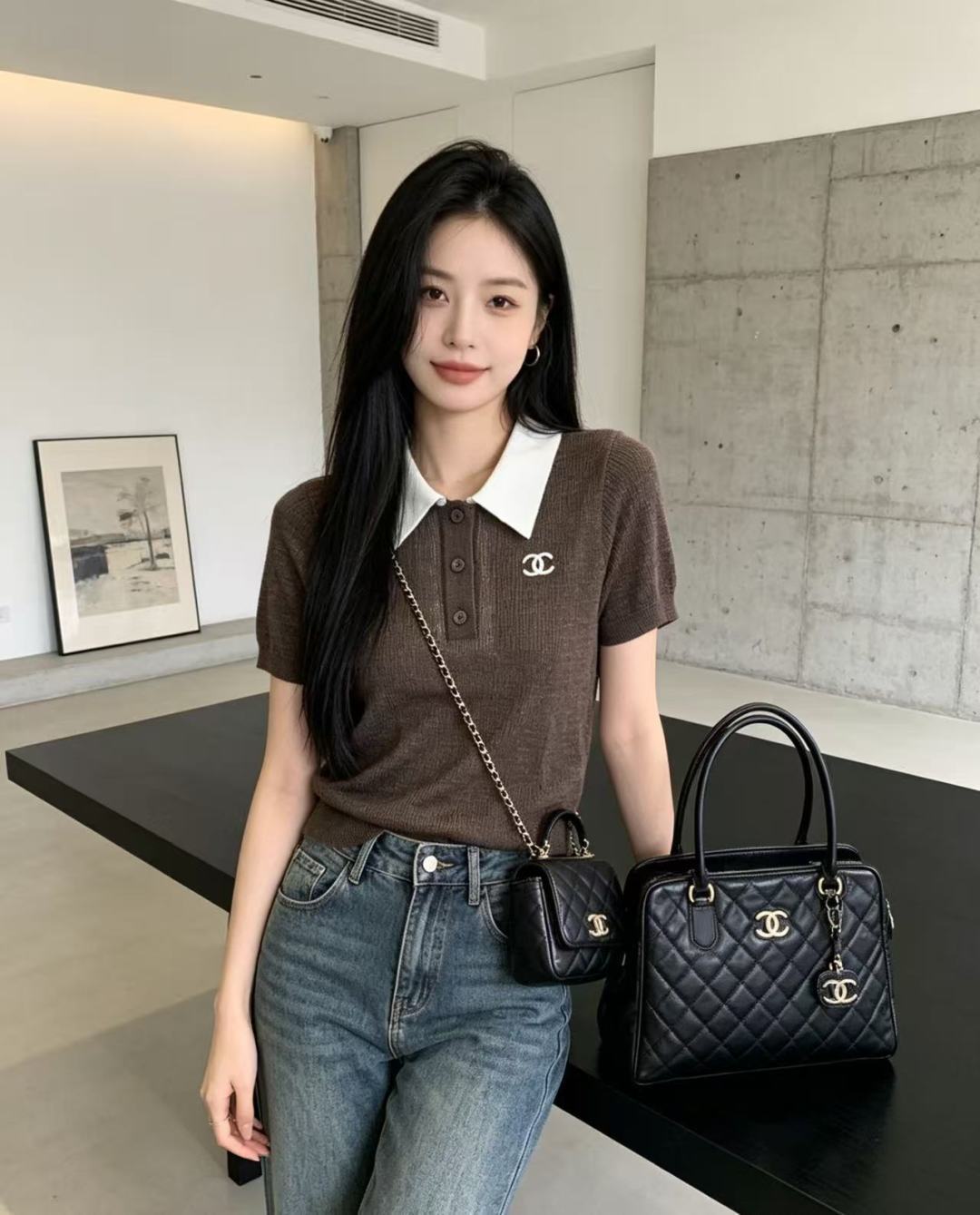 🆕CH家🆕  春夏新款   撞色翻领简约针织短袖颜色：咖啡 黑色尺码：36.38.40