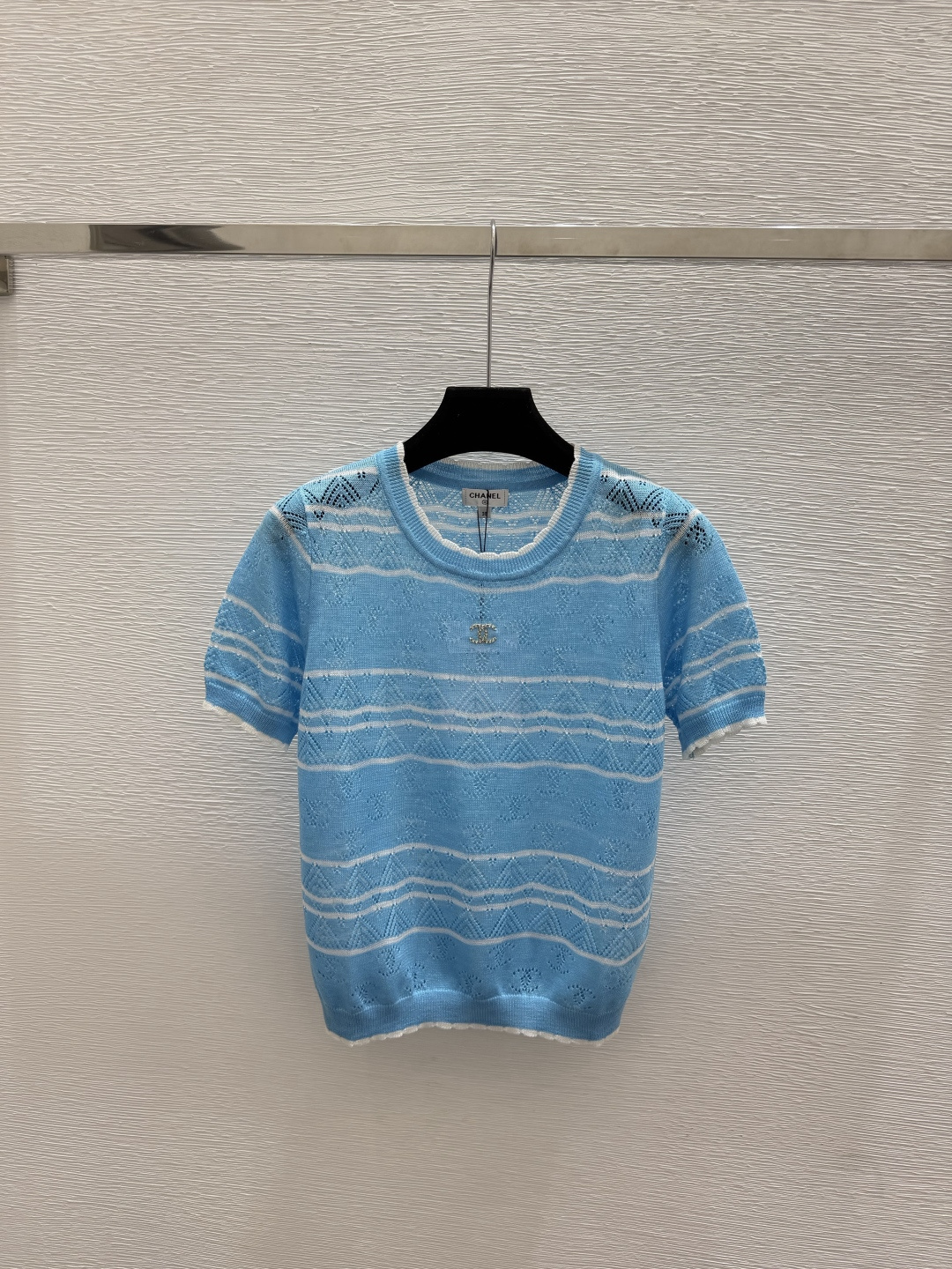 🆕CH家🆕  春夏新款 撞色条纹圆领针织短袖颜色：白色 粉色 蓝色尺码：36.38.40