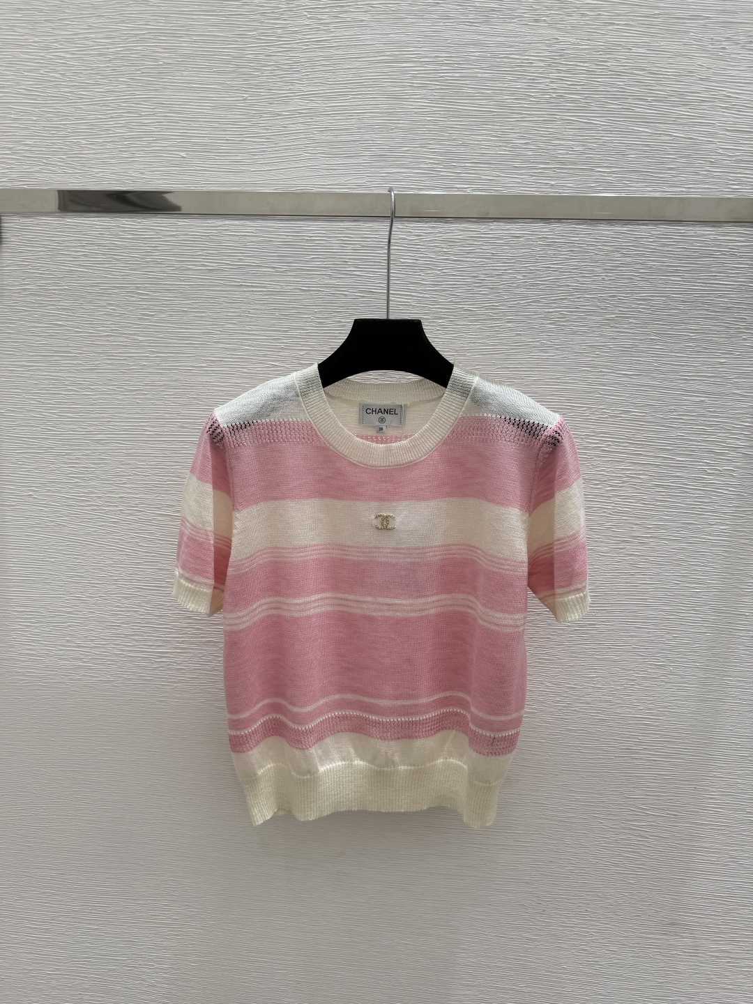 🆕CH家🆕  春夏新款 撞色条纹圆领针织短袖颜色：粉色 绿色尺码：36.38.40