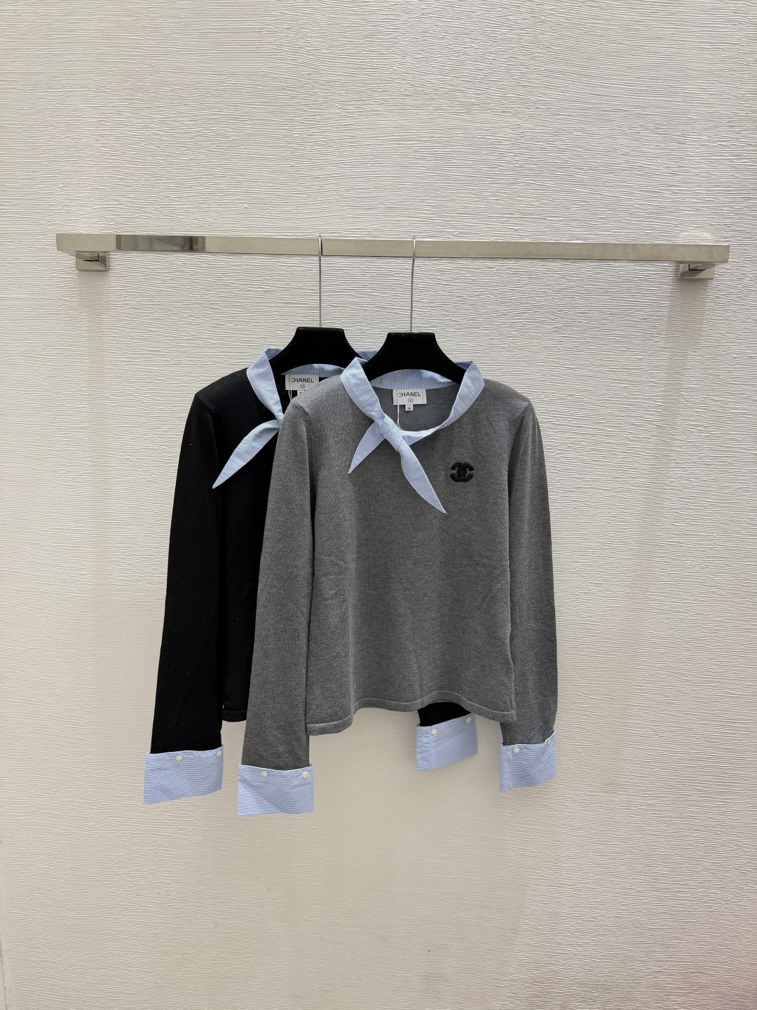 🆕CH家🆕  春夏新款 撞色简约圆领针织长袖颜色：灰色 黑色尺码：36.38.40