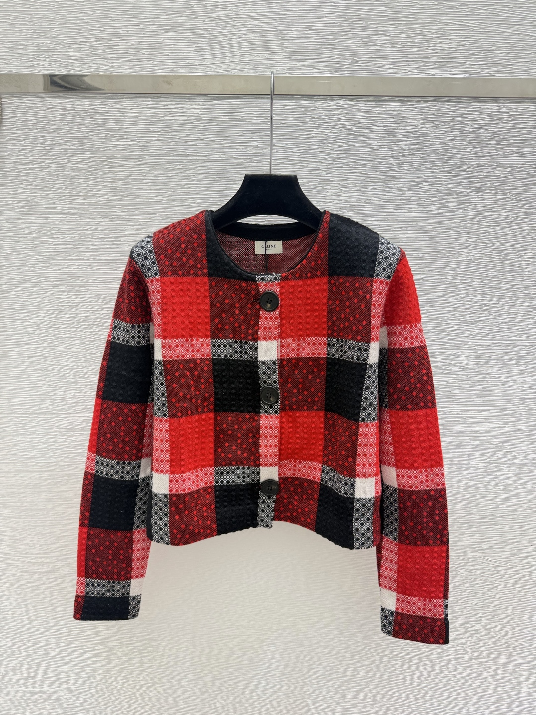🆕CE家🆕  早秋新款  撞色格子圆领针织长袖开衫 颜色：卡其 红色 尺码：36.38.40