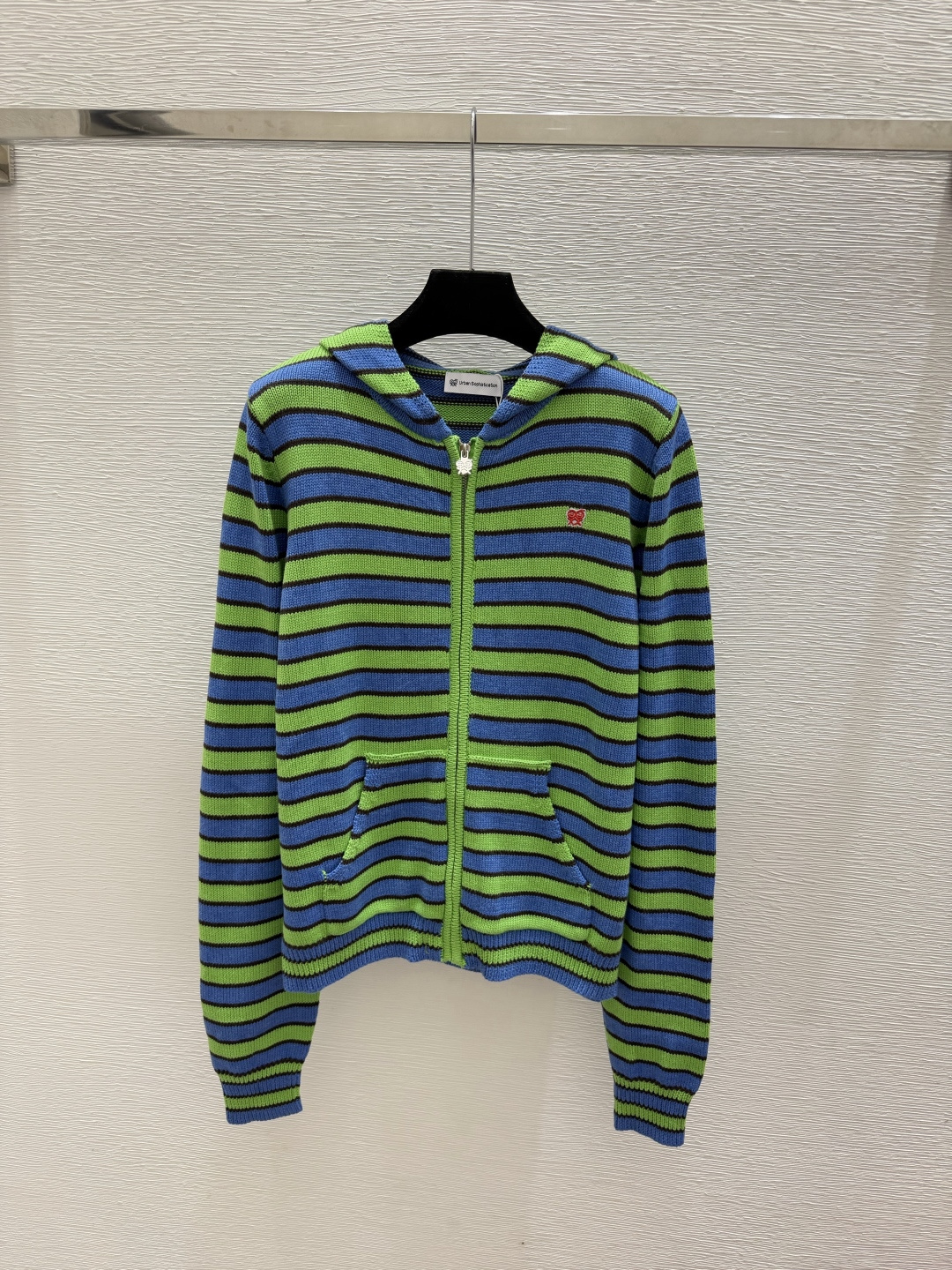 🆕US家🆕  早秋新款  撞色条纹连帽针织长袖开衫 颜色：粉色 绿色 蓝色 尺码：36.38.40      