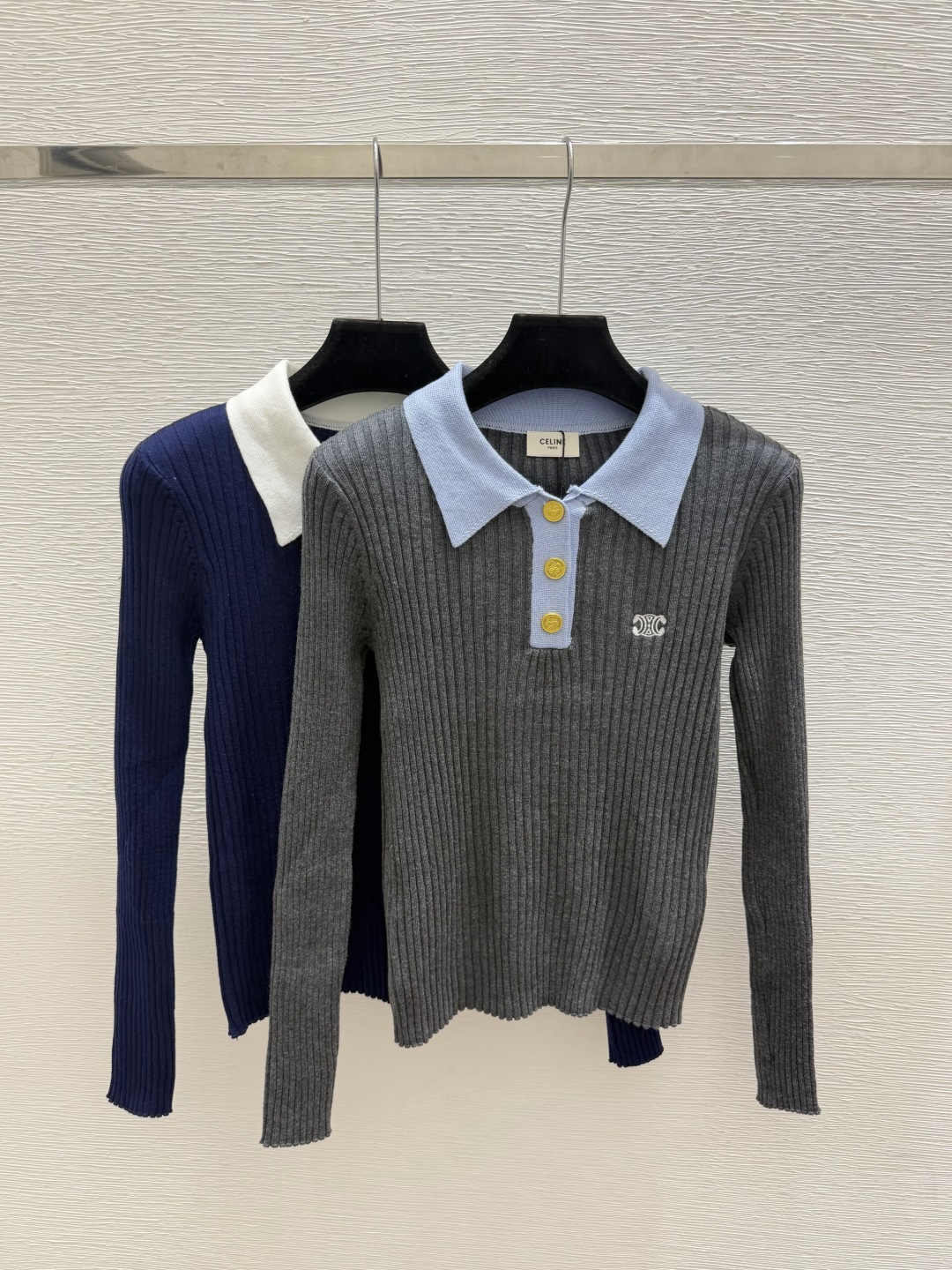 🆕CE家🆕  早秋新款  撞色翻领针织长袖 颜色：灰色 宝蓝 尺码：36.38.40      