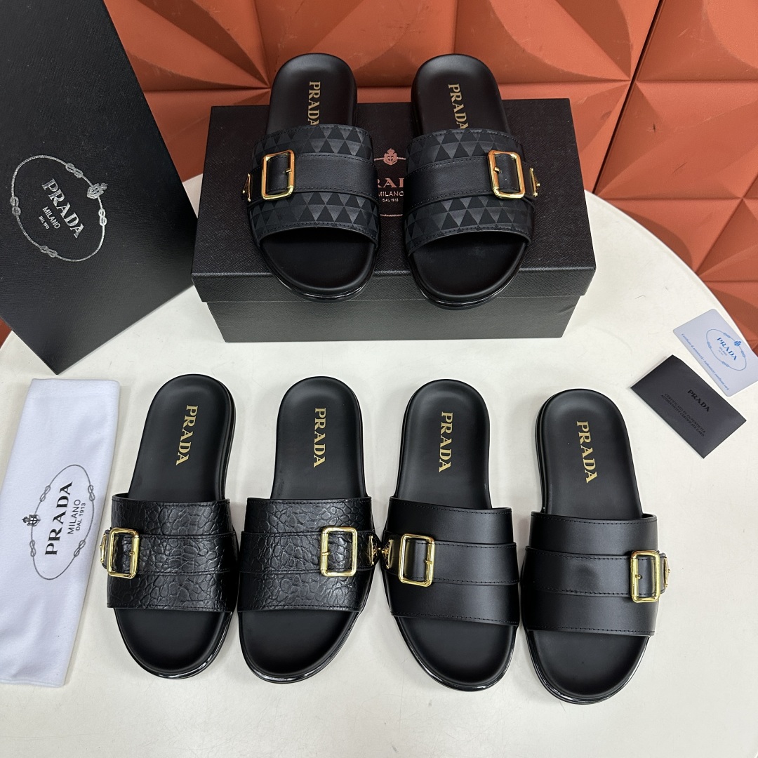 💋💍P家新品   Prad*  普拉-达 新款男士皮革一字直拖   这款拖鞋采用小牛皮/三角布/鳄鱼纹牛