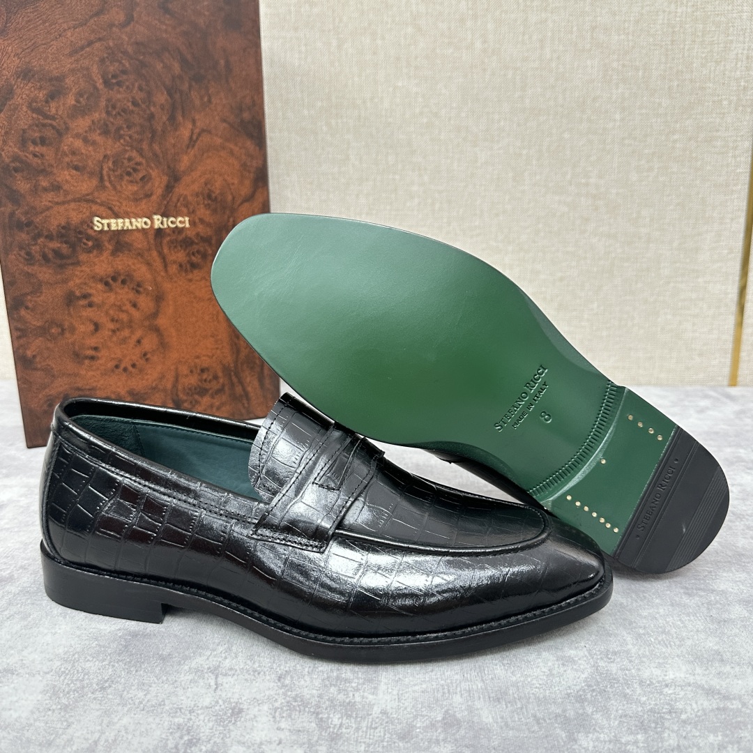 💋💍Stefano-ricci史蒂*芬新品乐福鞋皮鞋  鳄鱼纹🐊压纹牛皮手工改色擦色而成  内里黑色水染