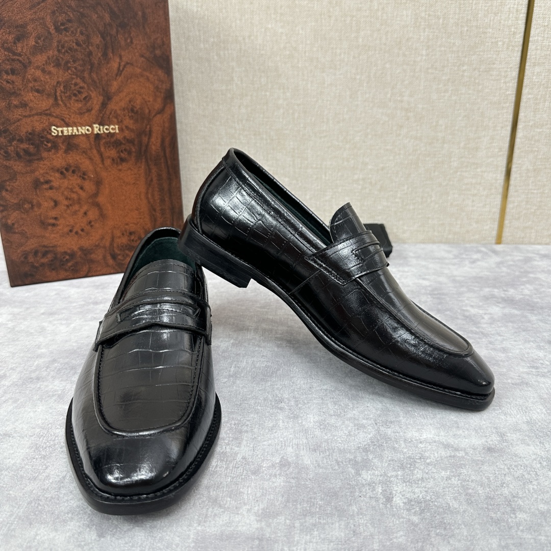 💋💍Stefano-ricci史蒂*芬新品乐福鞋皮鞋  鳄鱼纹🐊压纹牛皮手工改色擦色而成  内里黑色水染