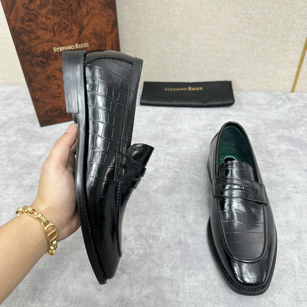 💋💍Stefano-ricci史蒂*芬新品乐福鞋皮鞋  鳄鱼纹🐊压纹牛皮手工改色擦色而成  内里黑色水染