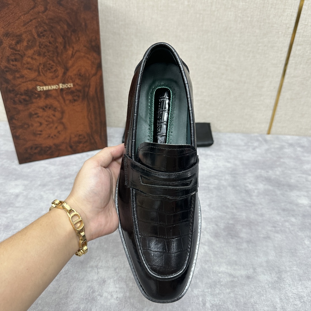 💋💍Stefano-ricci史蒂*芬新品乐福鞋皮鞋  鳄鱼纹🐊压纹牛皮手工改色擦色而成  内里黑色水染