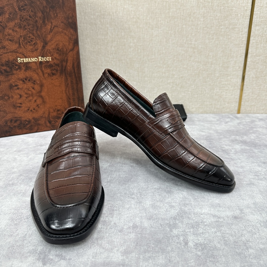 💋💍Stefano-ricci史蒂*芬新品乐福鞋皮鞋  鳄鱼纹🐊压纹牛皮手工改色擦色而成  内里黑色水染