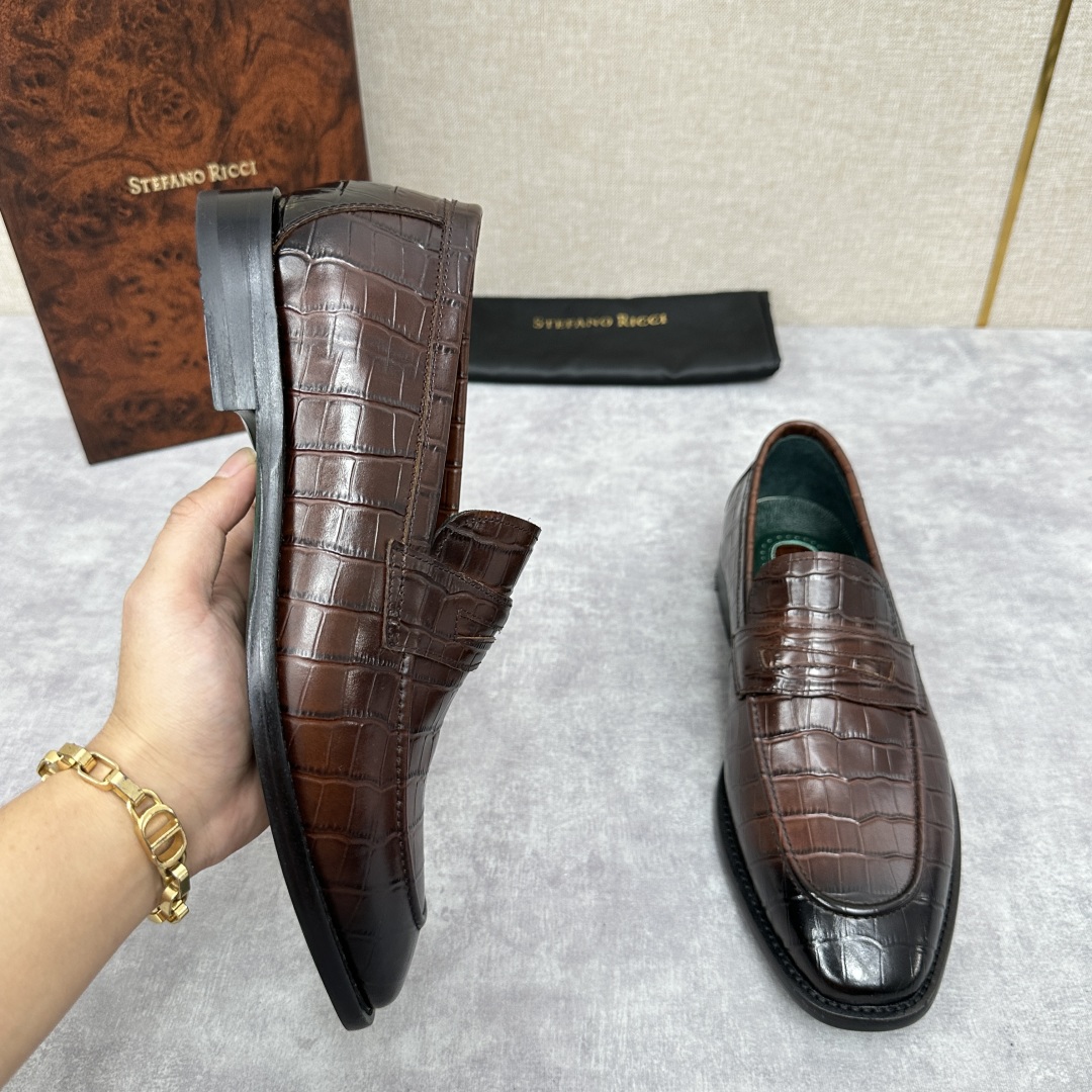 💋💍Stefano-ricci史蒂*芬新品乐福鞋皮鞋  鳄鱼纹🐊压纹牛皮手工改色擦色而成  内里黑色水染