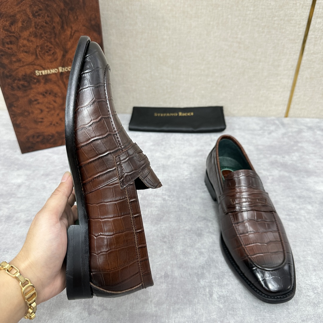 💋💍Stefano-ricci史蒂*芬新品乐福鞋皮鞋  鳄鱼纹🐊压纹牛皮手工改色擦色而成  内里黑色水染