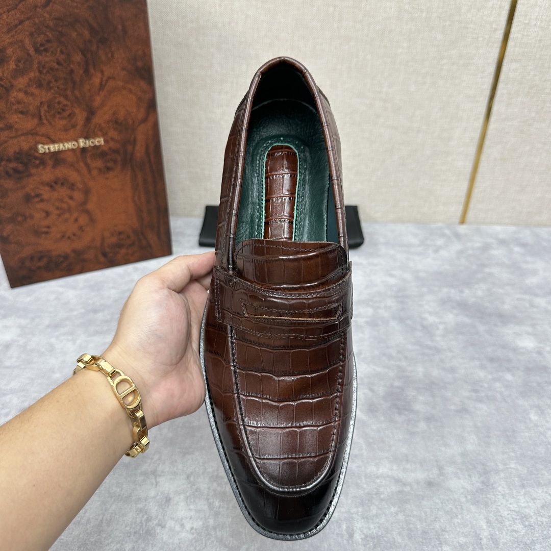 💋💍Stefano-ricci史蒂*芬新品乐福鞋皮鞋  鳄鱼纹🐊压纹牛皮手工改色擦色而成  内里黑色水染