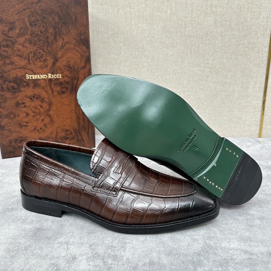 💋💍Stefano-ricci史蒂*芬新品乐福鞋皮鞋  鳄鱼纹🐊压纹牛皮手工改色擦色而成  内里黑色水染