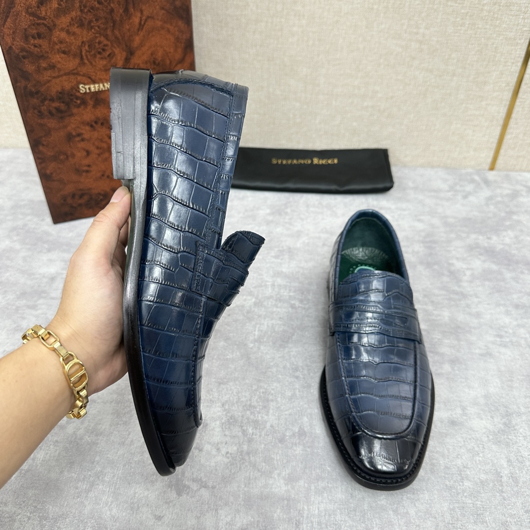 💋💍Stefano-ricci史蒂*芬新品乐福鞋皮鞋  鳄鱼纹🐊压纹牛皮手工改色擦色而成  内里黑色水染