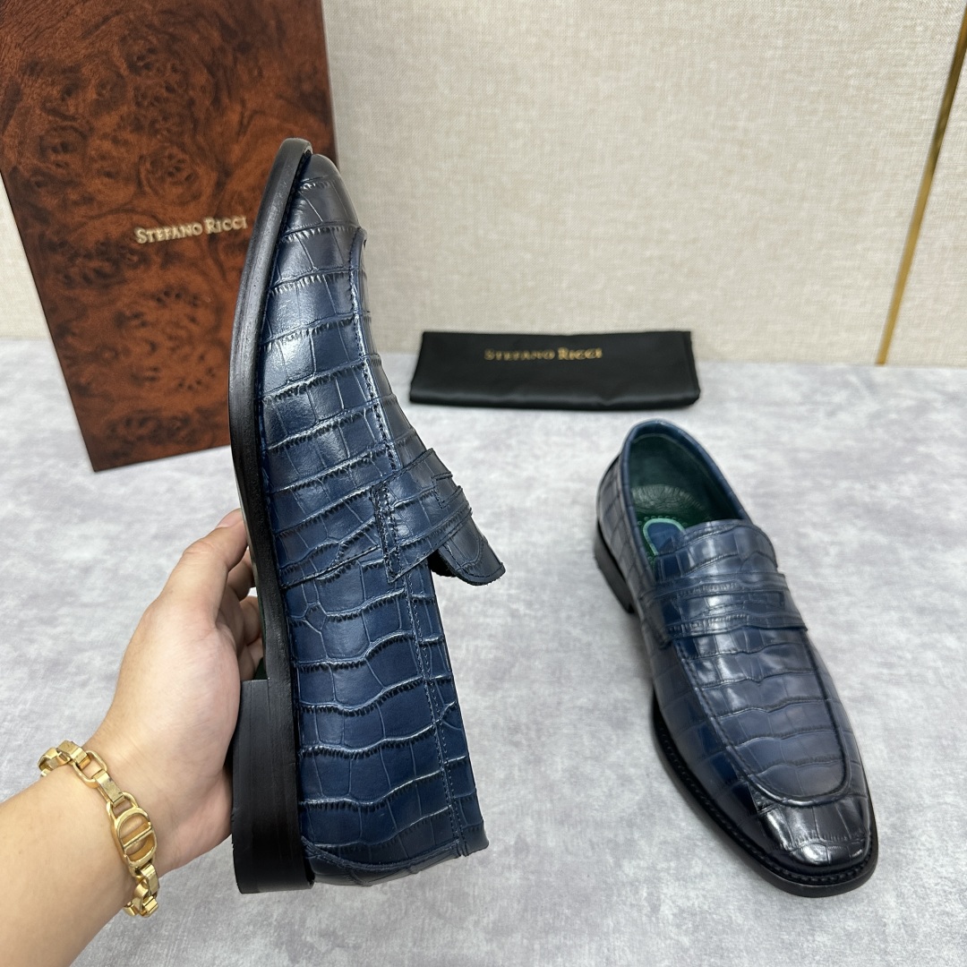 💋💍Stefano-ricci史蒂*芬新品乐福鞋皮鞋  鳄鱼纹🐊压纹牛皮手工改色擦色而成  内里黑色水染