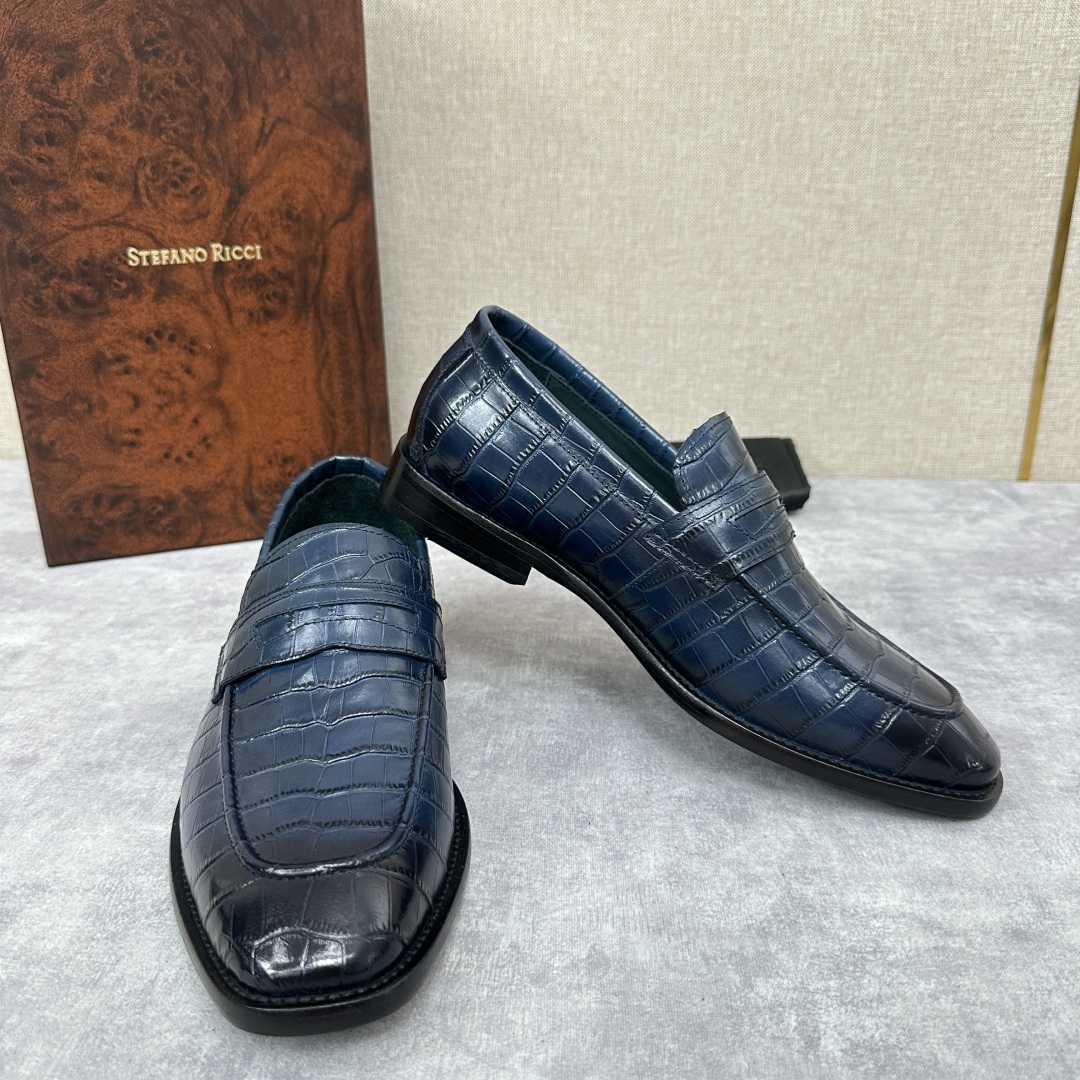 💋💍Stefano-ricci史蒂*芬新品乐福鞋皮鞋  鳄鱼纹🐊压纹牛皮手工改色擦色而成  内里黑色水染