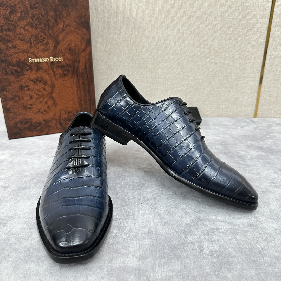 💋💍Stefano-ricci史蒂*芬新品正装🤵皮鞋  鳄鱼纹🐊压纹牛皮手工改色擦色而成  内里黑色水染