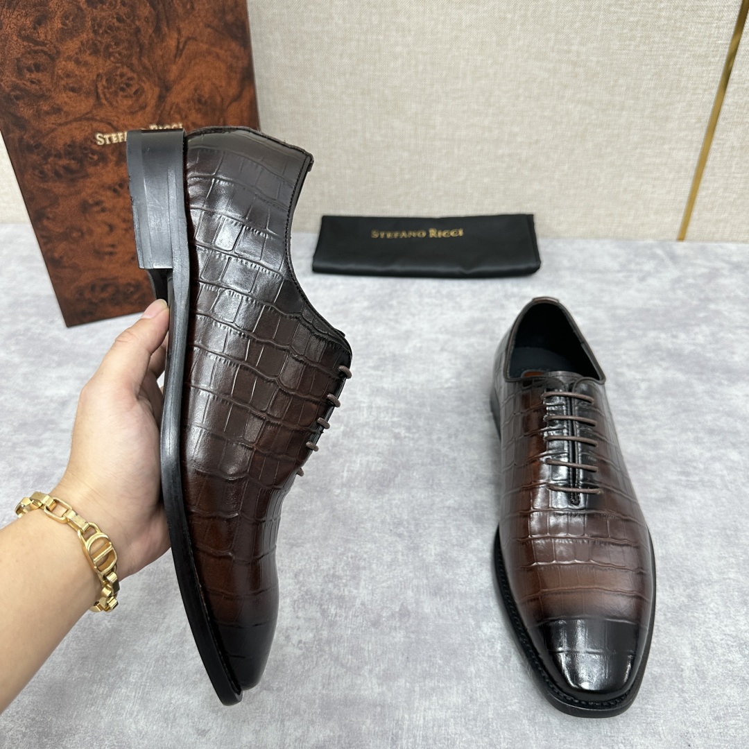 💋💍Stefano-ricci史蒂*芬新品正装🤵皮鞋  鳄鱼纹🐊压纹牛皮手工改色擦色而成  内里黑色水染