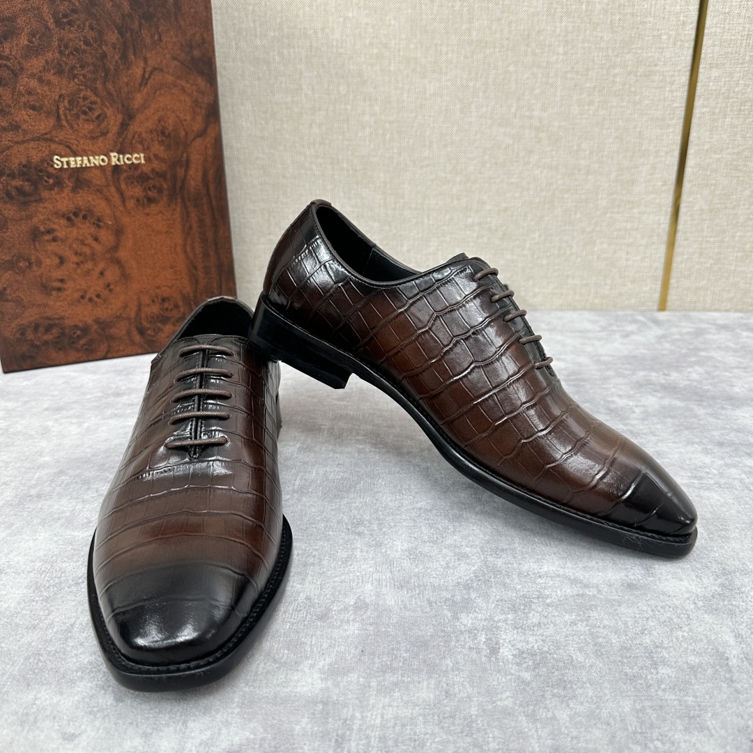 💋💍Stefano-ricci史蒂*芬新品正装🤵皮鞋  鳄鱼纹🐊压纹牛皮手工改色擦色而成  内里黑色水染
