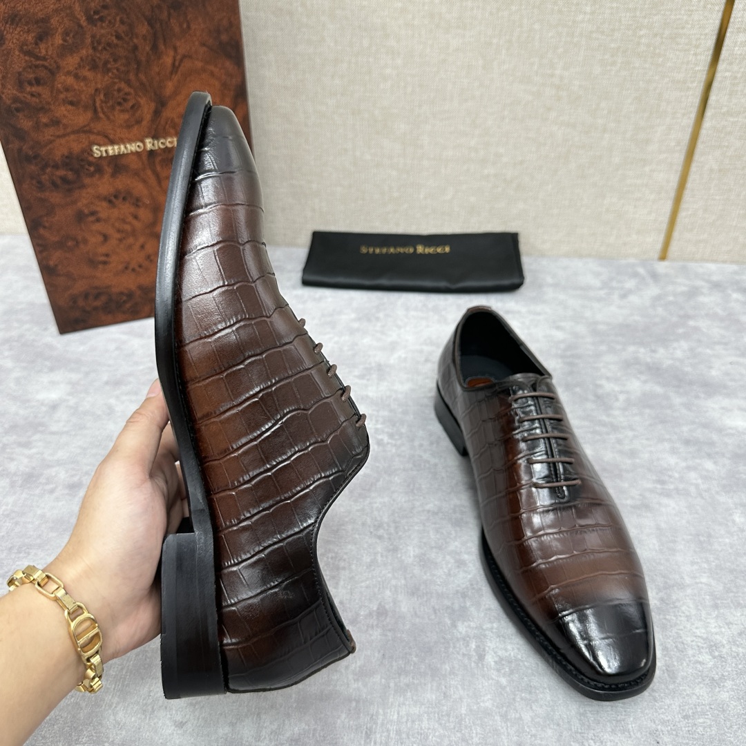 💋💍Stefano-ricci史蒂*芬新品正装🤵皮鞋  鳄鱼纹🐊压纹牛皮手工改色擦色而成  内里黑色水染