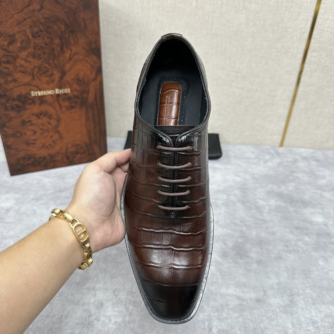 💋💍Stefano-ricci史蒂*芬新品正装🤵皮鞋  鳄鱼纹🐊压纹牛皮手工改色擦色而成  内里黑色水染