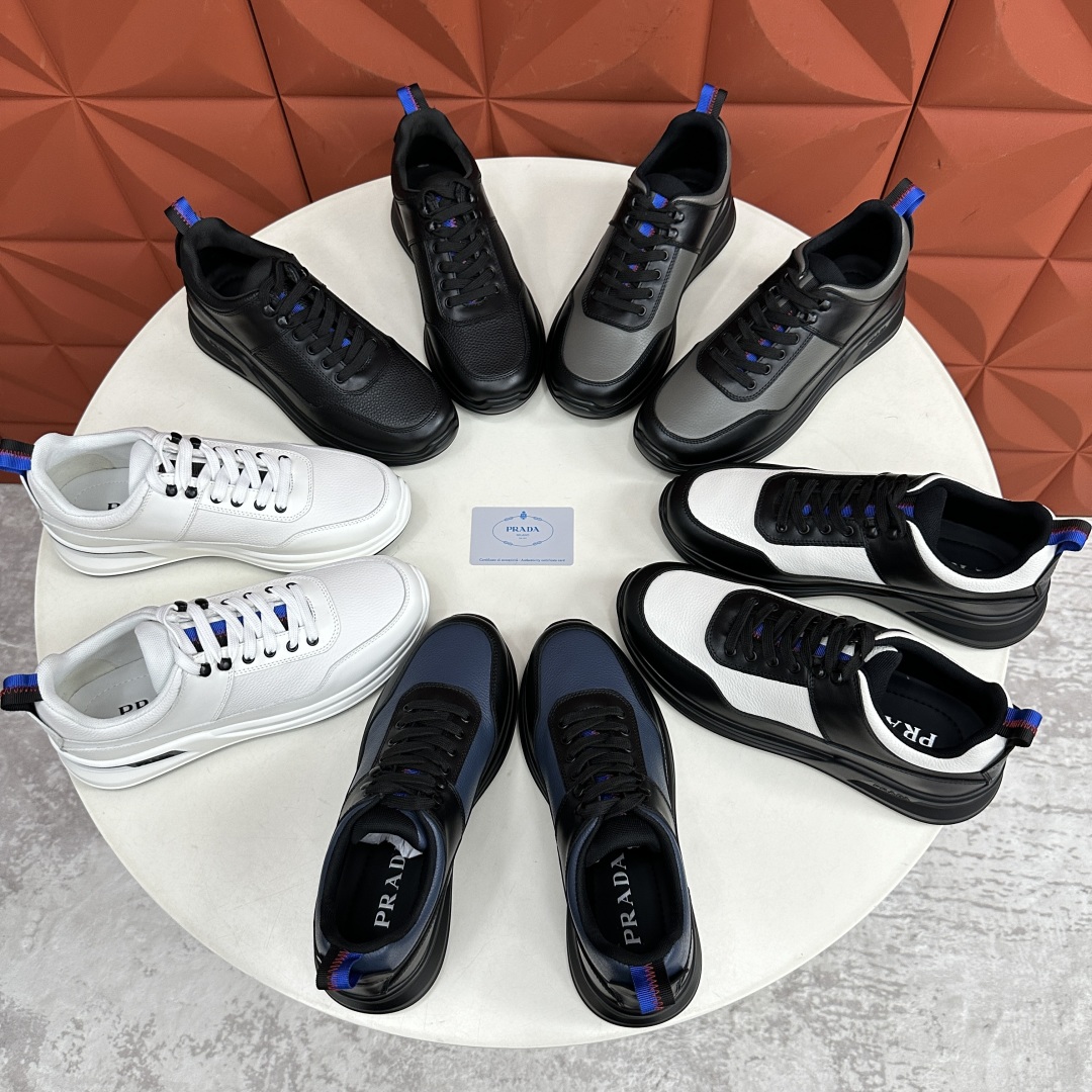 💋💍P家新品   PRAD*/普拉-达  新款男士厚底皮革运动休闲鞋     这款皮革运动鞋采用平纹牛皮