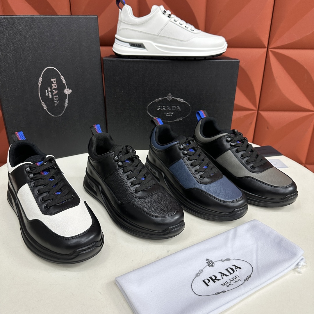 💋💍P家新品   PRAD*/普拉-达  新款男士厚底皮革运动休闲鞋     这款皮革运动鞋采用平纹牛皮