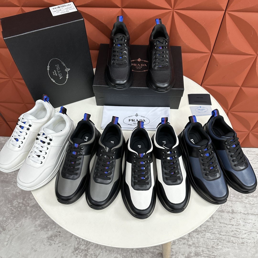💋💍P家新品   PRAD*/普拉-达  新款男士厚底皮革运动休闲鞋     这款皮革运动鞋采用平纹牛皮